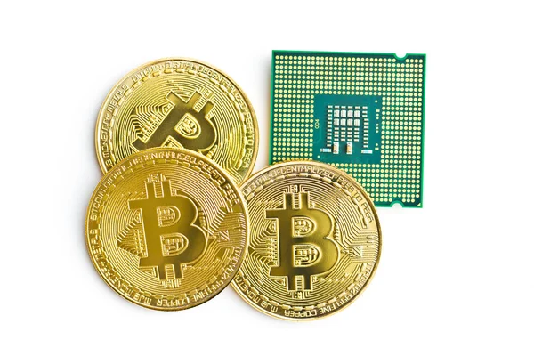 Bitcoins de oro y CPU . — Foto de Stock