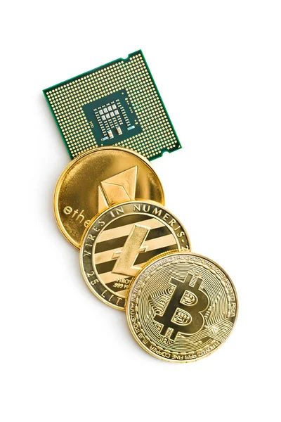 Bitcoin, etéreo, litecoína y CPU . — Foto de Stock