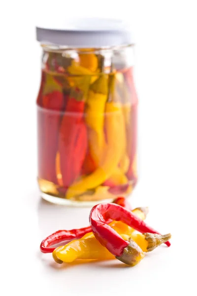 Pickled hot chili peppers. Marinated vegetable. — Stock Photo, Image