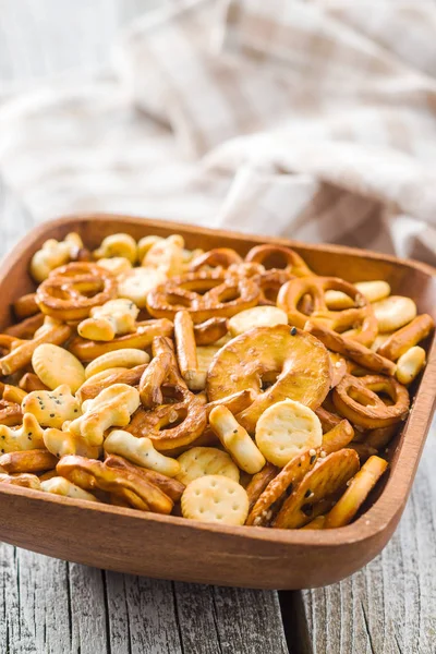 Mixed salty snack crackers and pretzels. — Stock Photo, Image