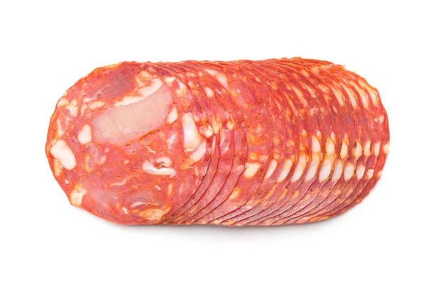Saucisse Salami Chorizo Tranchée Isolée Sur Fond Blanc — Photo
