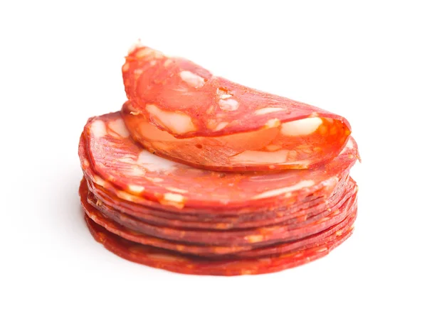 Geschnittene Chorizo Salami Wurst Isoliert Auf Weißem Hintergrund — Stockfoto