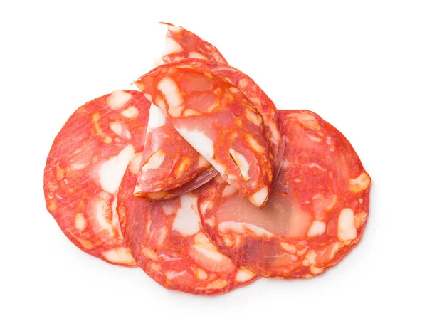 Gesneden Chorizo Salami Worst Geïsoleerd Witte Achtergrond — Stockfoto