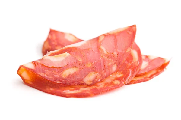 Skivad Chorizo Salami Korv Isolerad Vit Bakgrund — Stockfoto