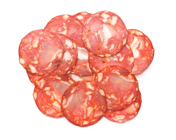 Salsicha Salame Chouriço Fatiado Isolado Fundo Branco — Fotografia de Stock