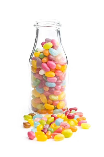 Fruity Jellybeans Tasty Colorful Jelly Beans Glass Bottle Isolated White — Stock Photo, Image