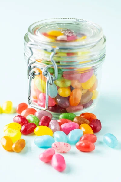 Fruity Jellybeans Tasty Colorful Jelly Beans Glass Jar — Stock Photo, Image