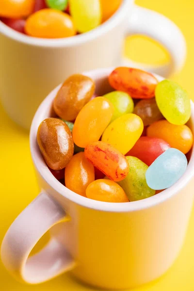 Fruity Jellybeans Tasty Colorful Jelly Beans Cup Yellow Background — Stock Photo, Image