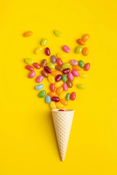 Fruity Jellybeans Tasty Colorful Jelly Beans Waffle Cone Yellow Background — Stock Photo, Image