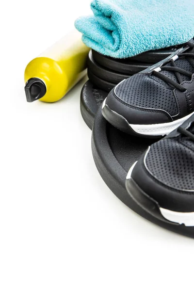 Concepto Fitness Zapatos Deportivos Negros Aislados Sobre Fondo Blanco — Foto de Stock