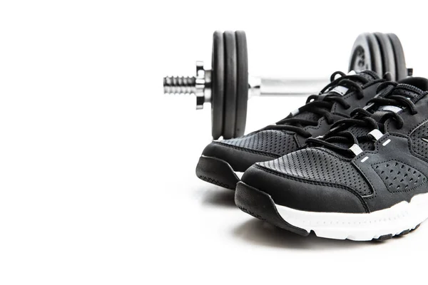 Fitness Concept Zwarte Sportschoenen Geïsoleerd Witte Achtergrond — Stockfoto