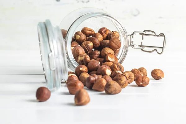 Dried Hazelnuts Jar White Table — Stock Photo, Image