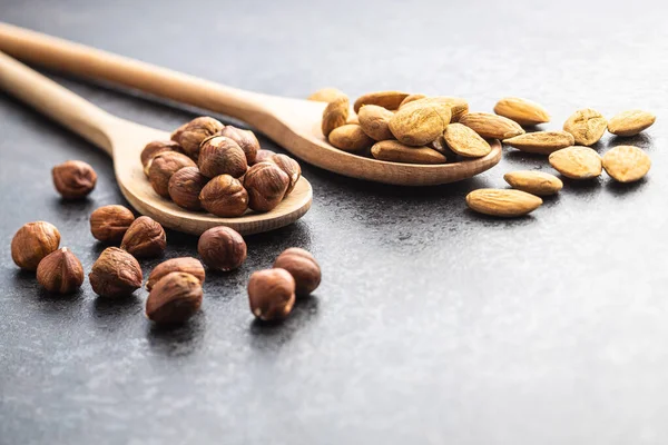 Dried Almonds Hazelnuts Spoon Kitchen Table — Stock Photo, Image