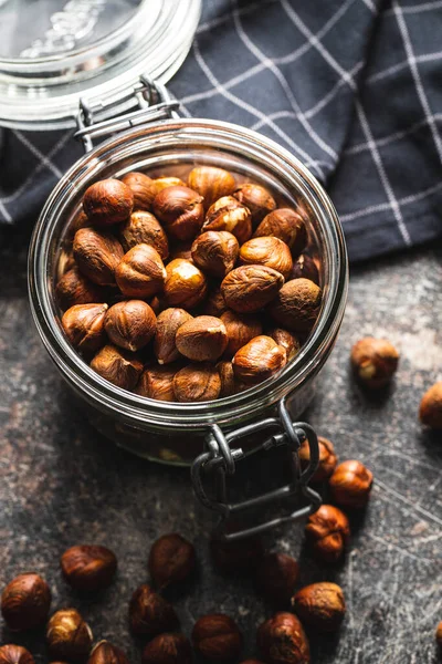 Peeled Hazelnuts Old Kitchen Table Jar — Stock Photo, Image
