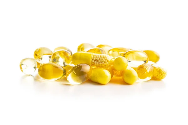 Cápsulas Vitamina Vitamina Omega Comprimidos Isolados Sobre Fundo Branco — Fotografia de Stock