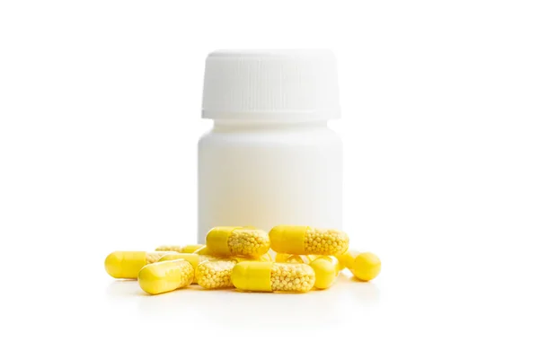 Vitamine Capsules Vitamine Pillen Witte Pil Fles Geïsoleerd Witte Achtergrond — Stockfoto