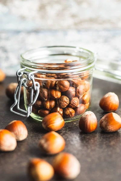 Peeled Hazelnuts Jar Kitchen Table — Stock Photo, Image