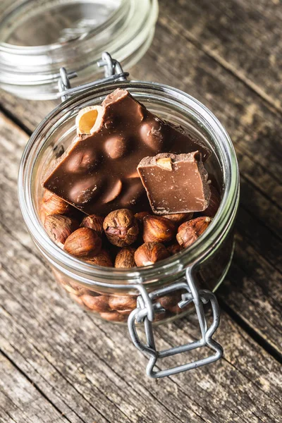 Hazelnuts Dark Chocolate Jar Broken Chocolate Bar Hazenuts — Stock Photo, Image