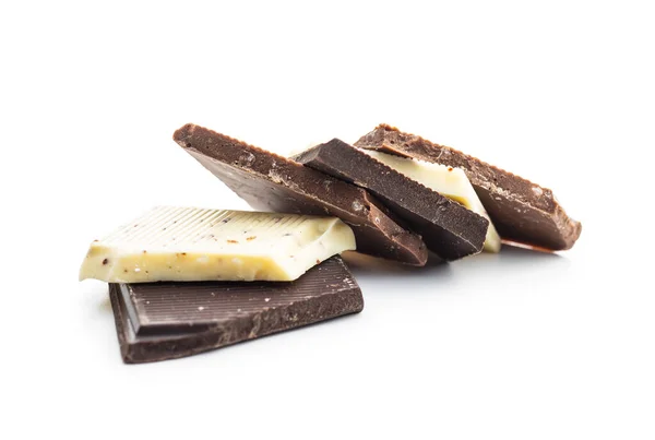 Broken White Milk Dark Chocolate Bars Isolated White Background — Stock Photo, Image