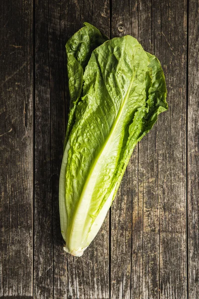 Fresh Green Romaine Lettuce Leaves Lactuca Sativa Wooden Table Top — Stock Photo, Image