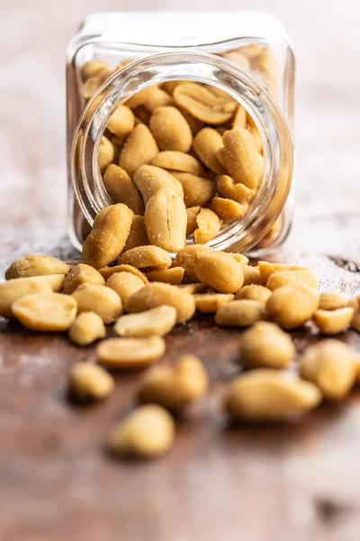 Roasted Salted Peanuts Crispy Nuts Jar Wooden Table — Stock Photo, Image