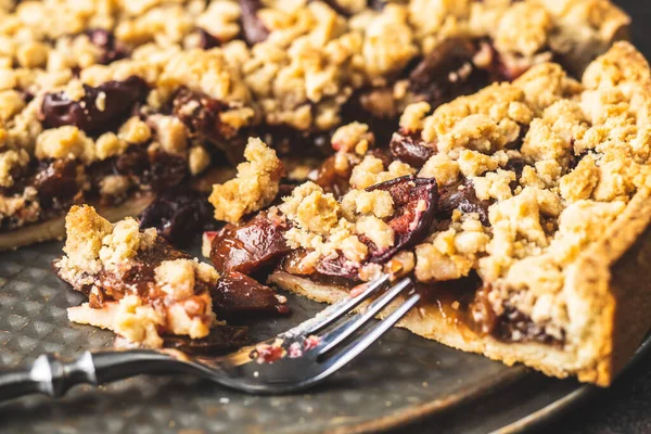 Dulce Tarta Ciruela Cortar Pastel Plato — Foto de Stock