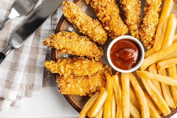 Breaded Fried Chicken Strips French Fries Bbq Sauce Tasty Fast — Stock Photo, Image