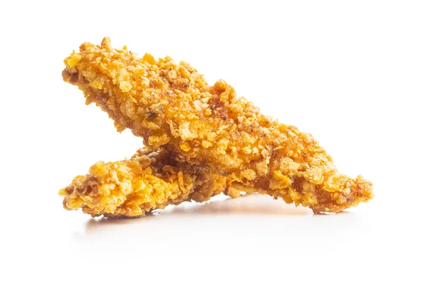 Breaded Smažené Kuřecí Proužky Izolované Bílém Pozadí Chutné Fast Food — Stock fotografie