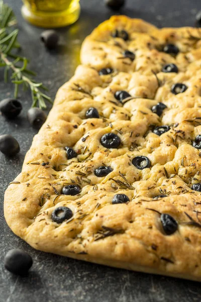 Focaccia Italienne Maison Pâtisseries Italiennes Traditionnelles Aux Olives Noires — Photo