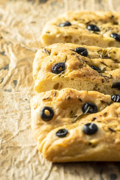 Focaccia Italienne Maison Pâtisseries Italiennes Traditionnelles Aux Olives Noires — Photo