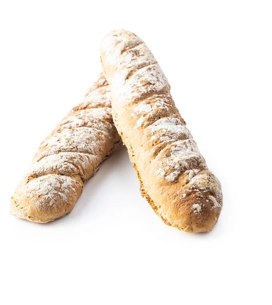Δύο Φρέσκιες Ολόκληρες Μπαγκέτες Ψωμιού Λευκό Φόντο — Φωτογραφία Αρχείου