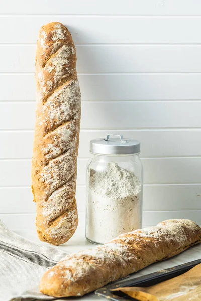 Fresh Whole Grain Bread Baguette Wooden Wall Kitchen Table — Stock Photo, Image