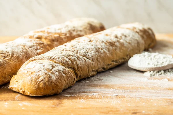 Fresh Whole Grain Bread Baguette Wooden Table — Stock Photo, Image