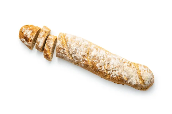 Μπαγκέτα Ψωμί Ολικής Άλεσης Νωπή Απομονωμένη Λευκό Φόντο — Φωτογραφία Αρχείου