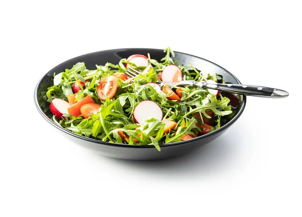 Insalata Rucola Fresca Con Ravanelli Pomodori Peperoni Rossi Sul Piatto — Foto Stock