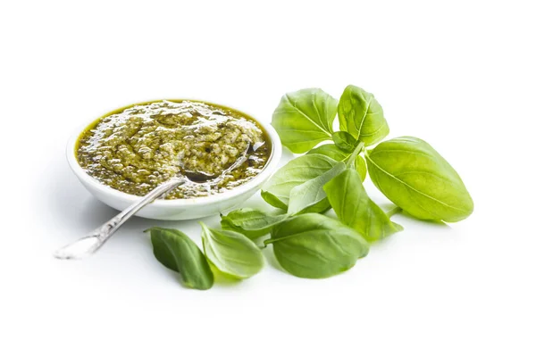 Green Basil Pesto Dip Sauce Basil Leaves Isolated White Background — Stock Photo, Image