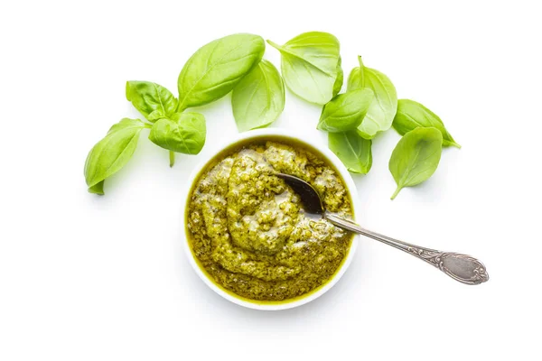 Green Basil Pesto Dip Sauce Basil Leaves Isolated White Background — Stock Photo, Image