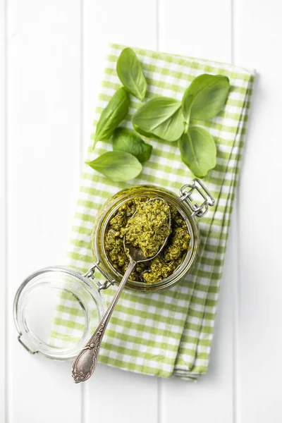 Green Basil Pesto Dip Sauce Basil Leaves Jar Checkered Napkin — Stock Photo, Image