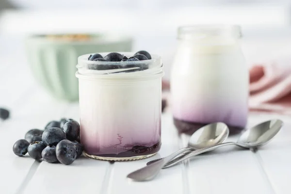 White Fruity Yogurt Jar Blueberries White Table — Stock Photo, Image