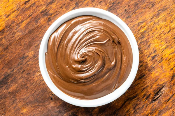 Sweet Hazelnut Spread Chocolate Cream Bowl Wooden Table Top View — Stock Photo, Image