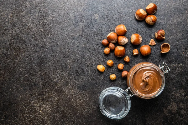 Süßer Haselnussaufstrich Schokoladencreme Glas Ansicht Von Oben — Stockfoto