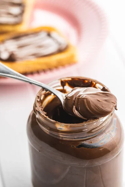 Espalhe Avelã Doce Creme Chocolate Colher — Fotografia de Stock