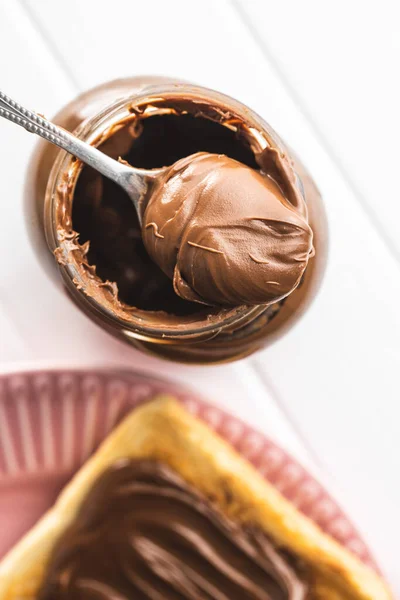 Espalhe Avelã Doce Creme Chocolate Colher Vista Superior — Fotografia de Stock