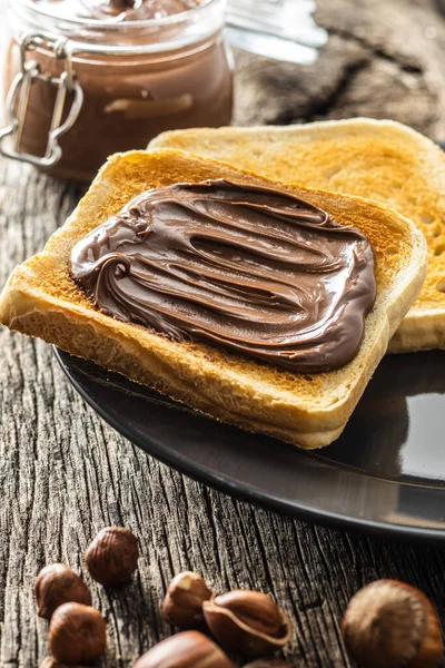 Toast Bread Hazelnut Spread Plate Sweet Chocolate Cream — Stock Photo, Image