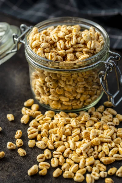 Trigo Inflado Cubierto Miel Frasco Desayuno Cereales — Foto de Stock