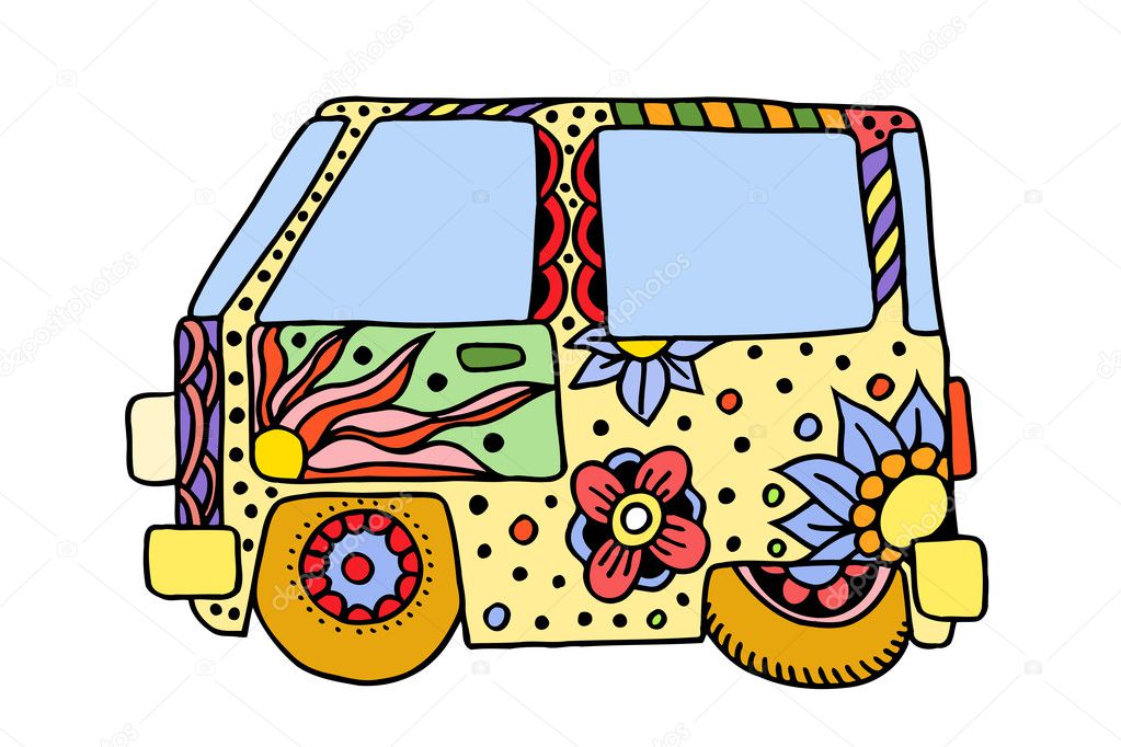 Hippie vintage car a mini van. Love and Music with hand-written fonts, hand-drawn doodle background and textures. Hippy color vector illustration. Retro 1960s, 60s, 70s, Woodstock Music and Art Fair.