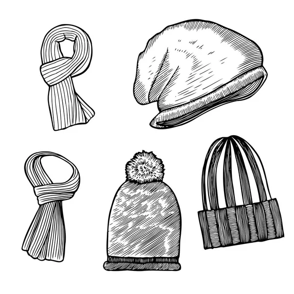 yün kış giysileri, şapka ve eşarplar kümesi
