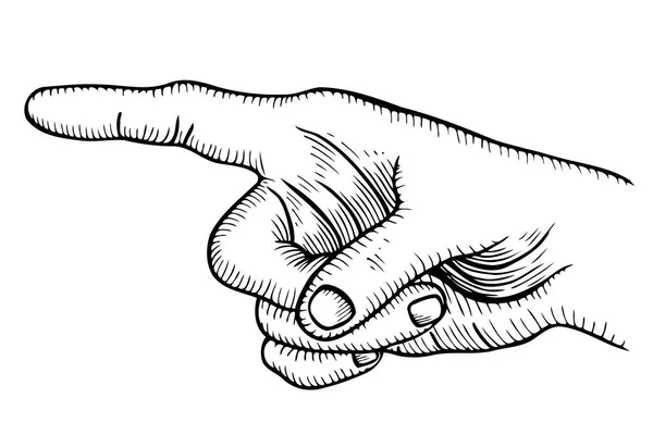 Вказуючи палець. Векторна чорна вінтажна гравірована ілюстрація ізольована на білому тлі. Ручний знак для Інтернету, плаката, інформаційної графіки — стоковий вектор