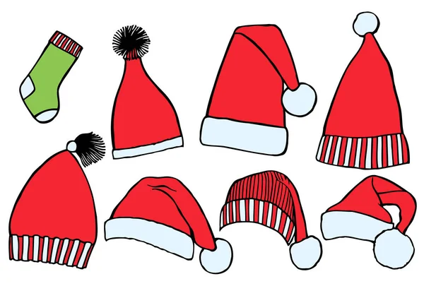 Set doodle kerst hoeden sokken — Stockvector