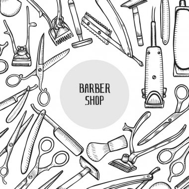 Vektör berber vintage koleksiyonu. Stilist araçlar kümesi, elle çizilmiş Kuaför profesyonel araçlar berber. Eski gravür tarzı Retro illüstrasyon